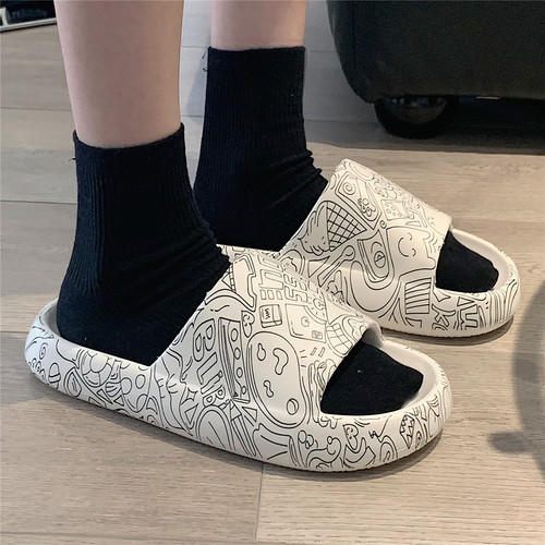 细细条个性涂鸦防滑凉拖鞋情侣夏