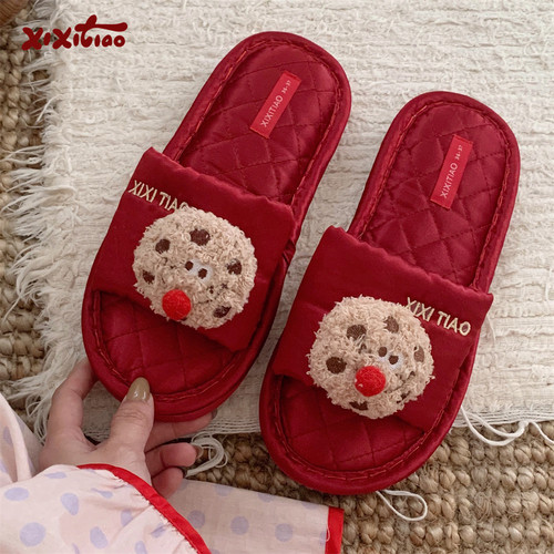 细细条红鼻子曲奇饼干棉麻拖鞋