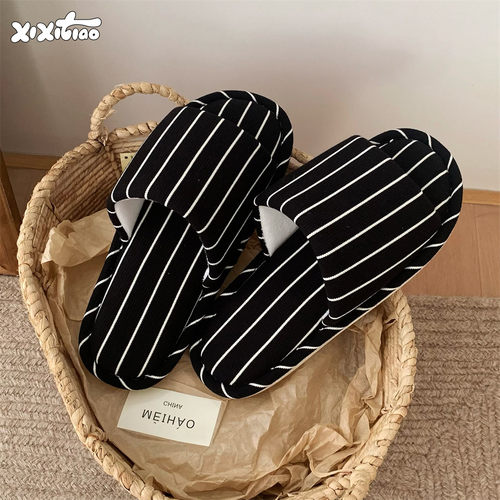 细细条简约条纹男士棉麻拖鞋女