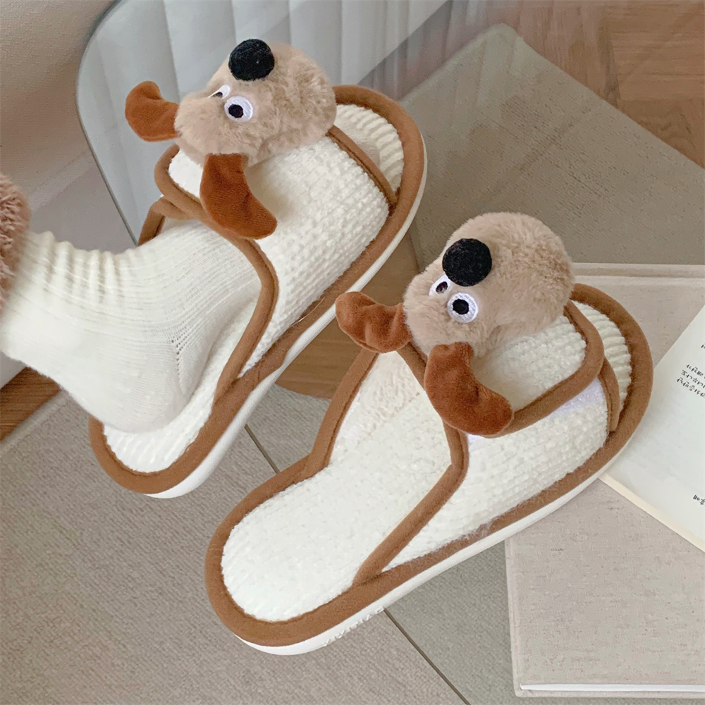 细细条居家卡通狗狗一字棉拖鞋