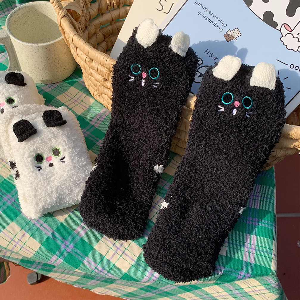 可爱毛绒保暖中筒袜子女冬睡眠袜