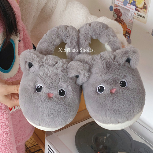 细细条可爱小猫休闲家居棉拖鞋