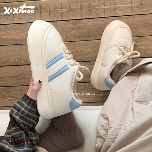 运动风双杠小白鞋 棉鞋 女休闲百搭冬季 ins拼色板鞋 外穿时尚 细细条