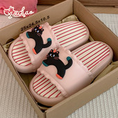 外穿拼色条纹拖鞋 女趣味黑色小猫夏季 学生休闲家居凉拖鞋 细细条