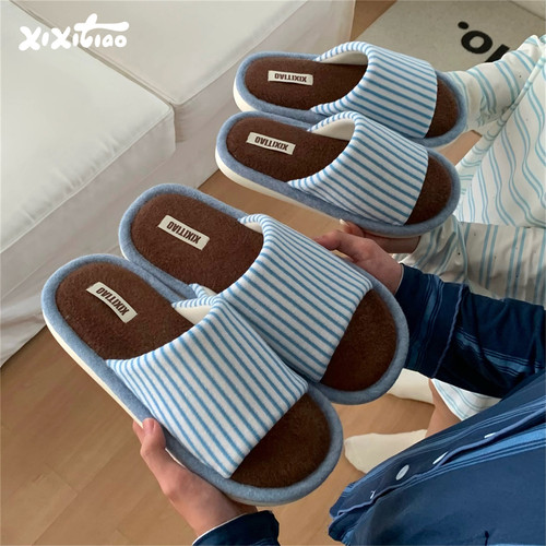 细细条复古撞色情侣一字棉拖鞋