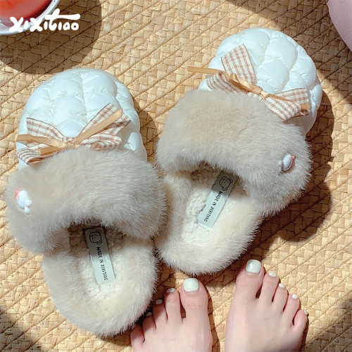 细细条甜美蝴蝶结泡泡格棉拖鞋
