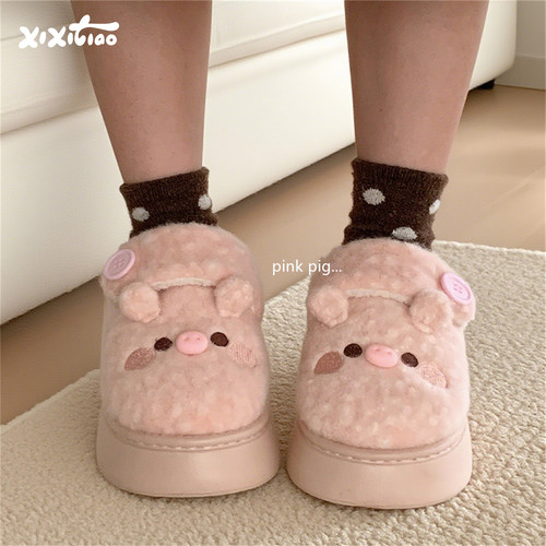 细细条女冬软萌小猪加绒保暖棉鞋