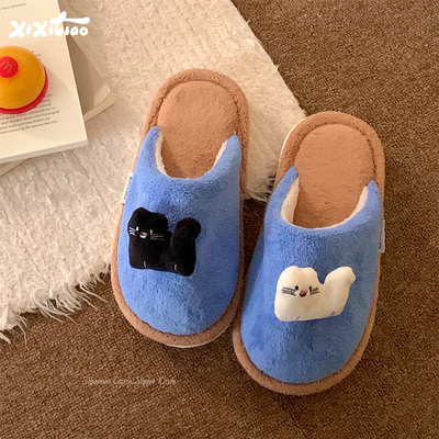 细细条冬季黑白小猫棉拖鞋男女