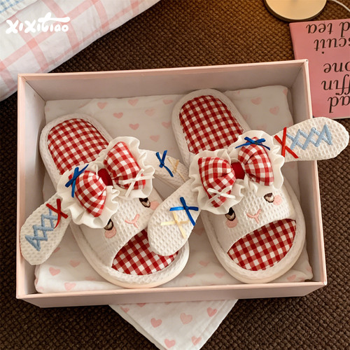 细细条 洛丽塔蝴蝶结兔子棉麻拖鞋四季少女心卧室居家防滑地板鞋