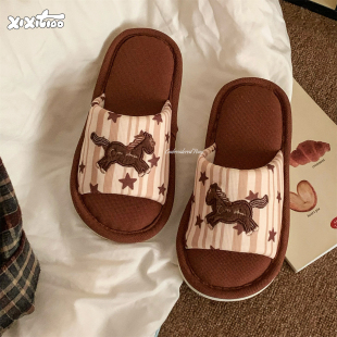 四季 细细条 居家棉麻拖鞋 男女春夏2026新款 ins刺绣小马情侣地板鞋