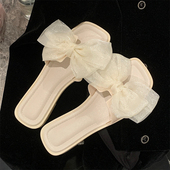 女海边度假防滑平底沙滩凉拖鞋 细细条 夏天仙女风网纱蝴蝶结拖鞋