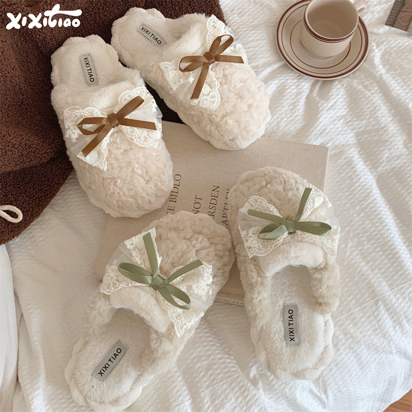 细细条 韩系仙女风毛毛鞋居家室内防滑蕾丝蝴蝶结秋冬季棉拖鞋女,居家布艺,居家棉拖/棉鞋,淘宝优惠券,粉丝福利购,淘宝优惠卷