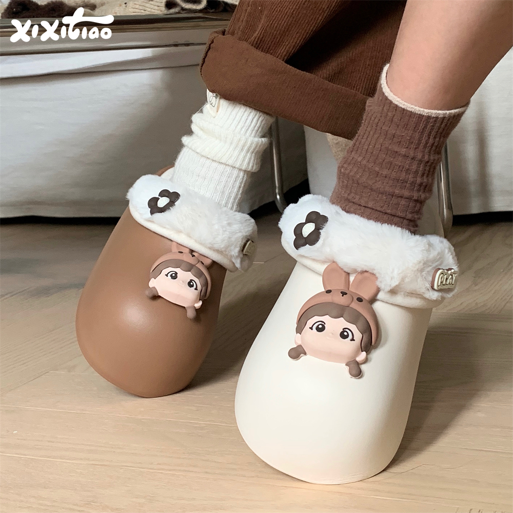 细细条 可拆卸毛绒防水月子鞋女室内保暖外穿卡通小女孩棉拖鞋冬
