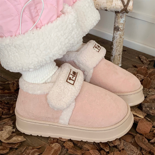 细细条粉色网红户外短靴棉鞋