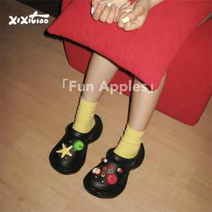 细细条 DIY立体红绿苹果洞洞鞋网红女士防滑个性可爱厚底凉拖鞋夏