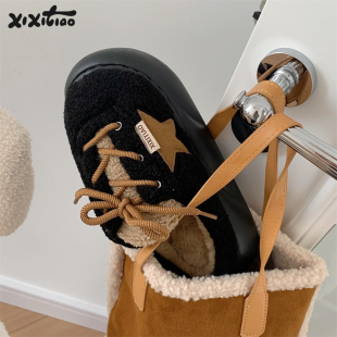 复古棉拖鞋 细细条 厚底防滑女士外穿冬季 运动风百搭系带板鞋 时尚