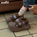 细细条 复古撞色格子面包鞋棉鞋女冬ins防滑厚底亲子魔术贴毛毛鞋