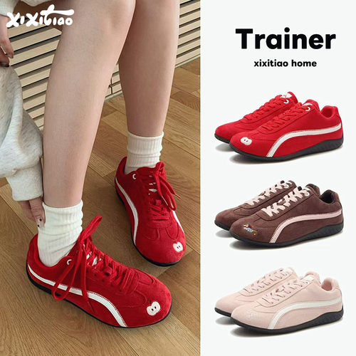 细细条可爱刺绣真皮德训鞋ins