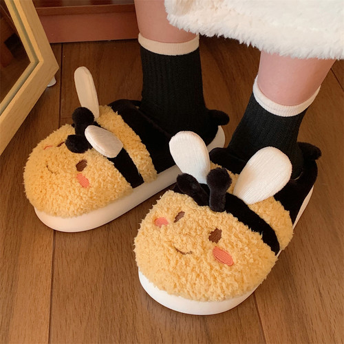 细细条居家卡通蜜蜂软厚底棉拖鞋