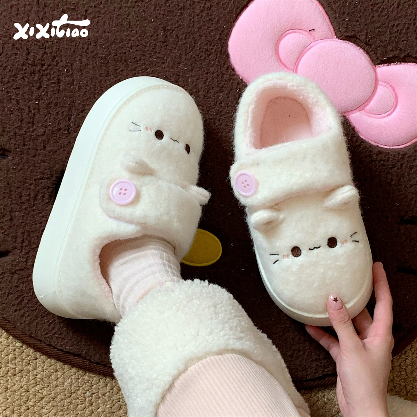 细细条软萌小猫加绒乐福棉鞋