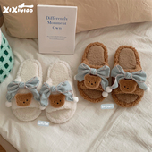 创意蓝色蝴蝶结女士毛毛拖鞋 防滑室内冬季 可爱小熊棉拖鞋 细细条