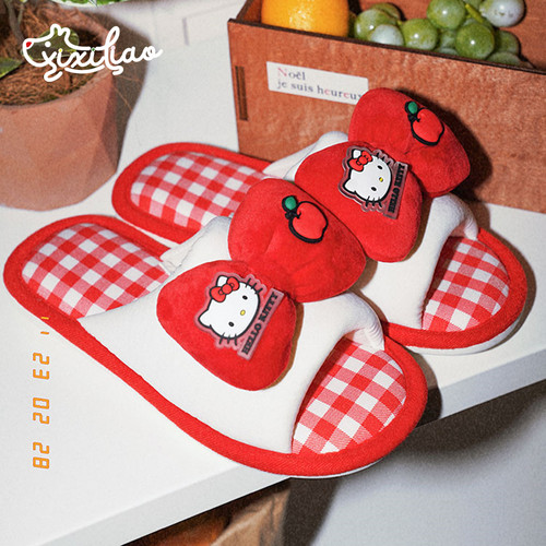 细细条少女心可爱凯蒂猫亚麻拖鞋