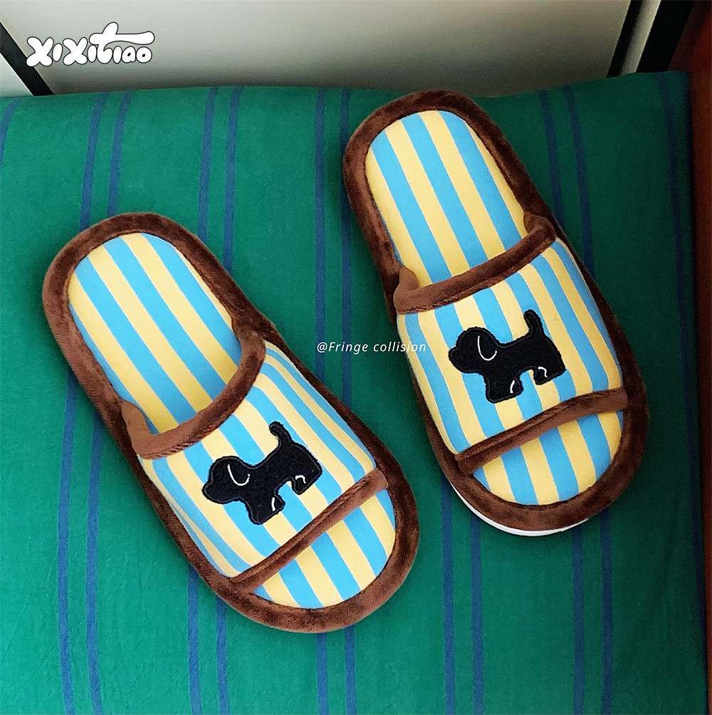 细细条 条纹地板鞋女趣味小黑狗空调房吸汗软底春夏居家棉麻拖鞋,居家布艺,居家亚麻拖鞋,淘宝优惠券,粉丝福利购,淘宝优惠卷