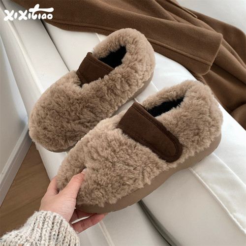 细细条外穿保暖拼色棉拖鞋