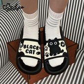 室内居家用洗澡防滑eva软底可爱凉拖外穿 女夏季 细细条 小黑猫拖鞋