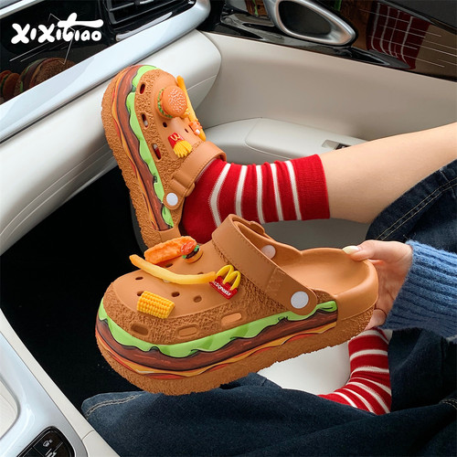 细细条趣味diy薯条汉堡凉拖鞋
