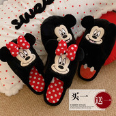 男女秋冬卡通ins米妮米奇情侣毛毛鞋 细细条 买一送一迪士尼棉拖鞋