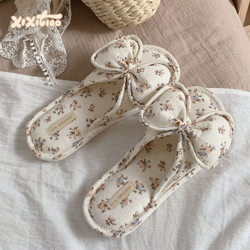 细细条甜美碎花蝴蝶结棉麻拖鞋