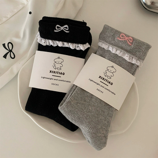 细细条 少女心蝴蝶结中筒袜春秋lolita日系可爱花边奶白堆堆袜子