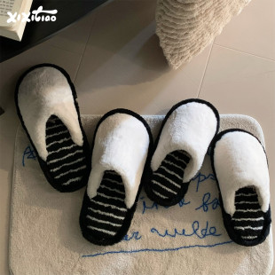 男女小众毛毛鞋 包头保暖防滑冬季 日系撞色条纹情侣棉拖鞋 细细条