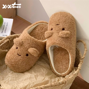 秋冬防滑卧室可爱棉拖鞋 小熊静音毛毛地板拖鞋 男女ins 日式 细细条