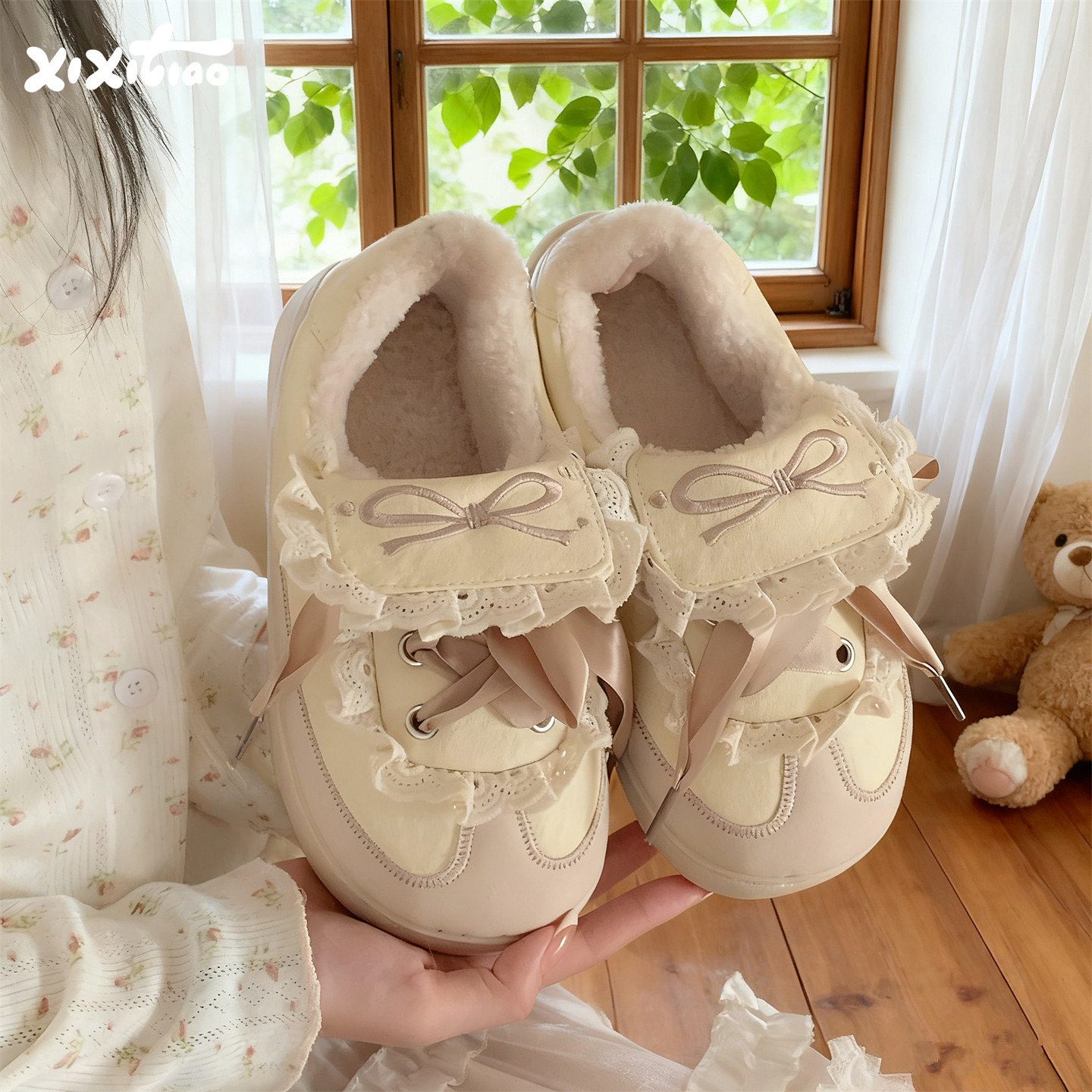 细细条 甜美德训鞋女学生秋冬外穿防滑韩系蝴蝶结板鞋加绒小白鞋,女鞋,棉鞋,淘宝优惠券,粉丝福利购,淘宝优惠卷