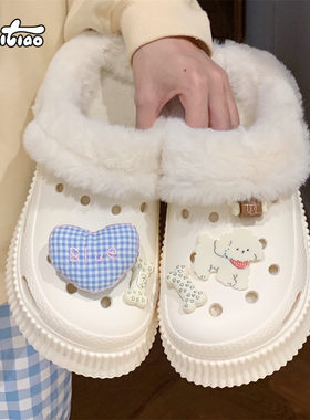 细细条格子爱心小狗棉鞋洞洞鞋