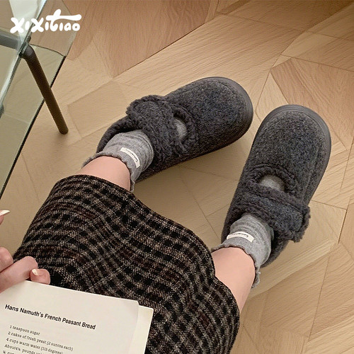 细细条百搭加绒魔术贴面包鞋