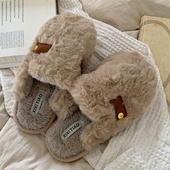 细细条 居家防滑棉拖鞋 女冬复古风保暖毛毛鞋 ins潮情侣月子软底鞋