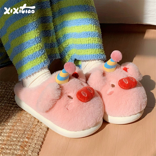 细细条粉色帽子小猪棉拖鞋女
