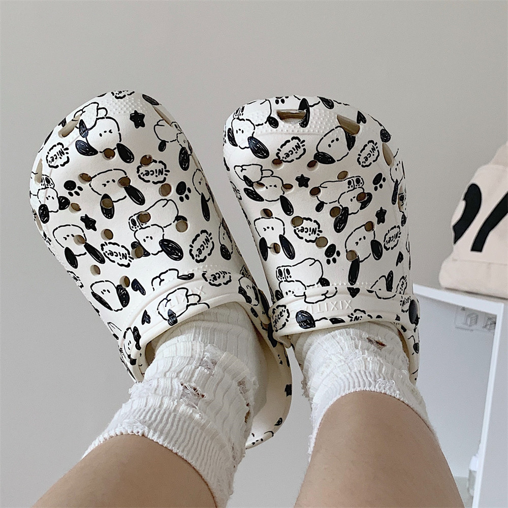 细细条 韩版个性ins涂鸦卡通小狗洞洞鞋女夏季时尚外穿沙滩凉拖鞋