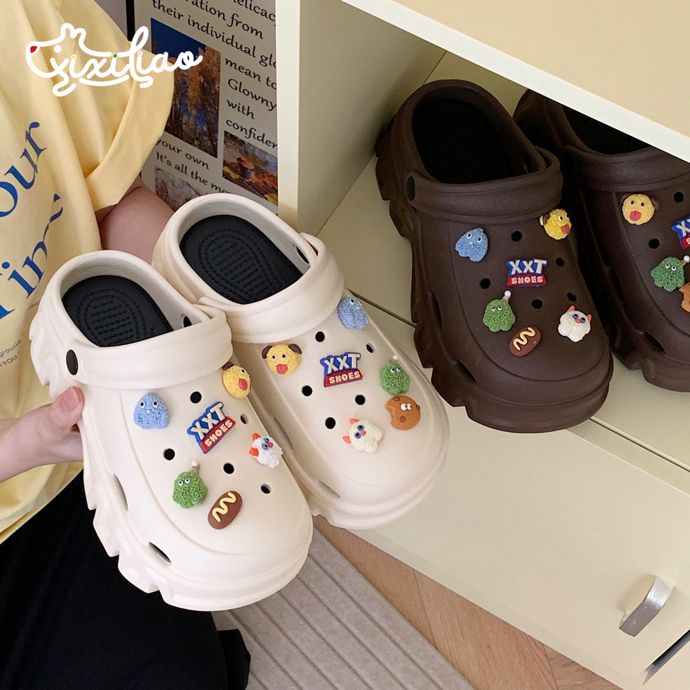 细细条 卡通小怪兽洞洞鞋女新款时尚厚底增高夏季包头外穿凉拖鞋