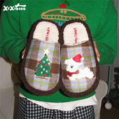 女冬创意圣诞树复古格子毛毛鞋 细细条 ins刺绣小狗可爱居家棉拖鞋