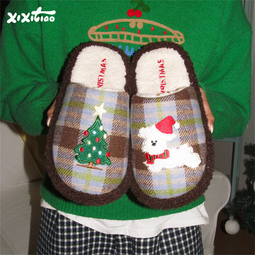 细细条ins刺绣小狗可爱棉拖鞋