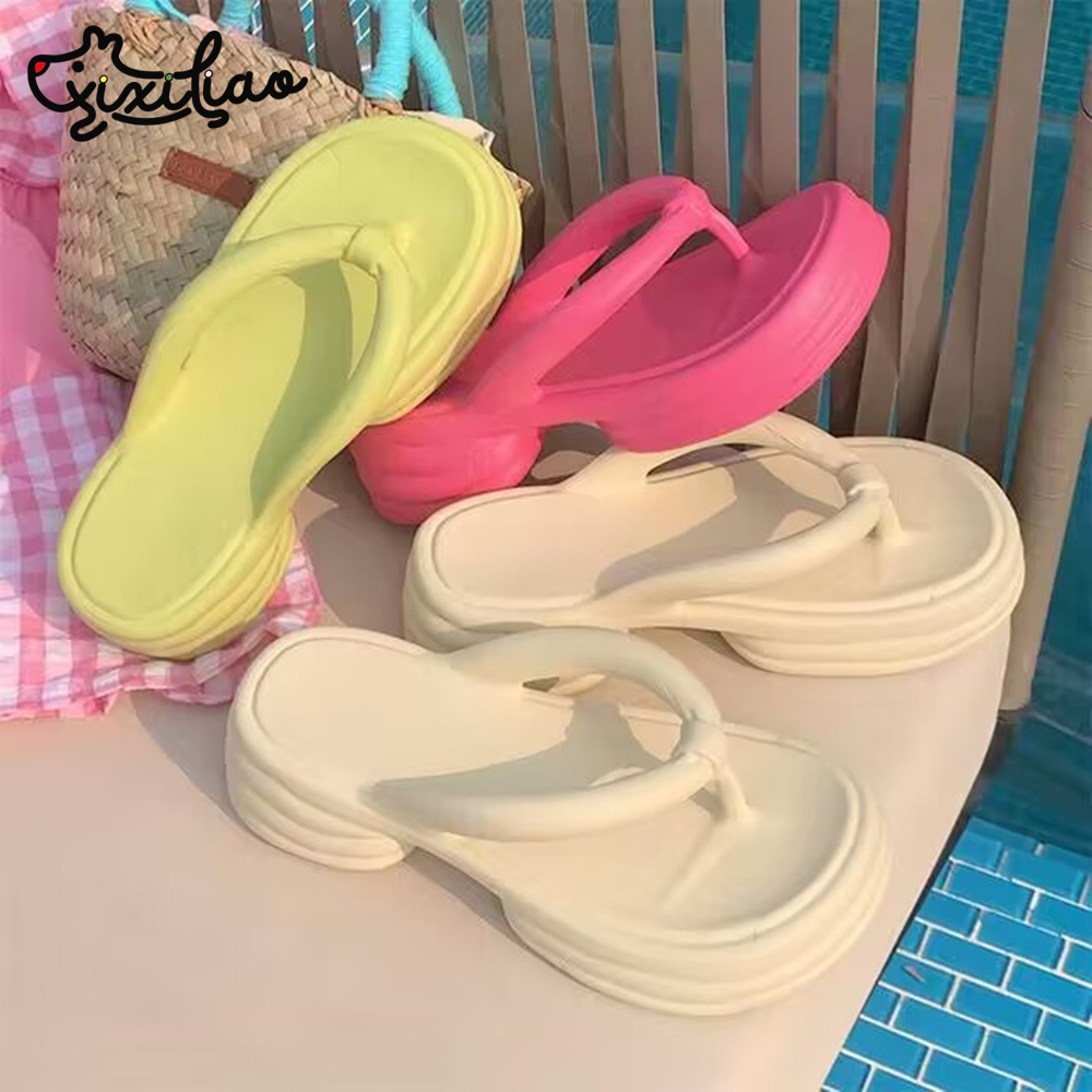 细细条ins风外穿厚底防滑人字拖