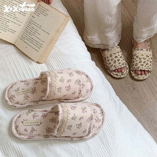 细细条四季通用甜美碎花棉麻拖鞋