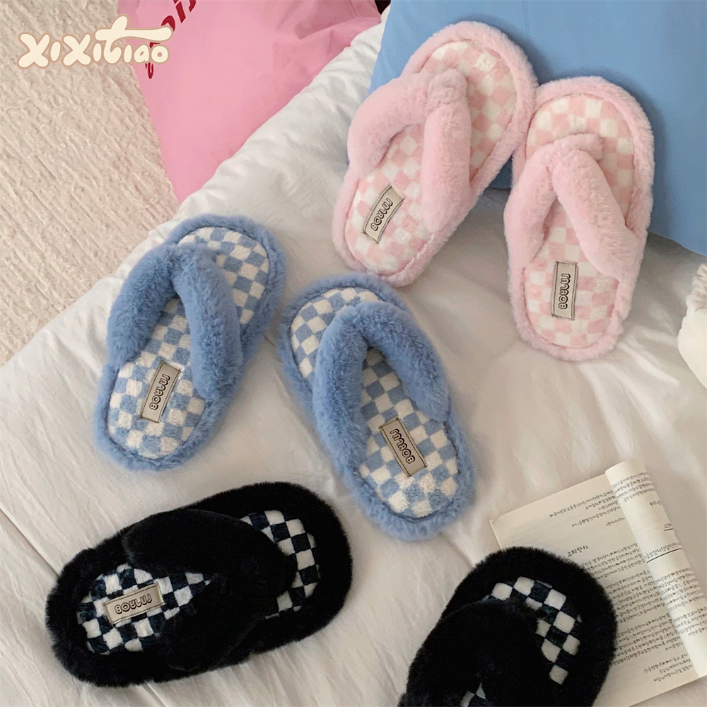 细细条 女秋冬季棋盘格子个性居家夹脚棉拖鞋个软底休闲毛绒棉鞋,居家布艺,居家棉拖/棉鞋,淘宝优惠券,粉丝福利购,淘宝优惠卷