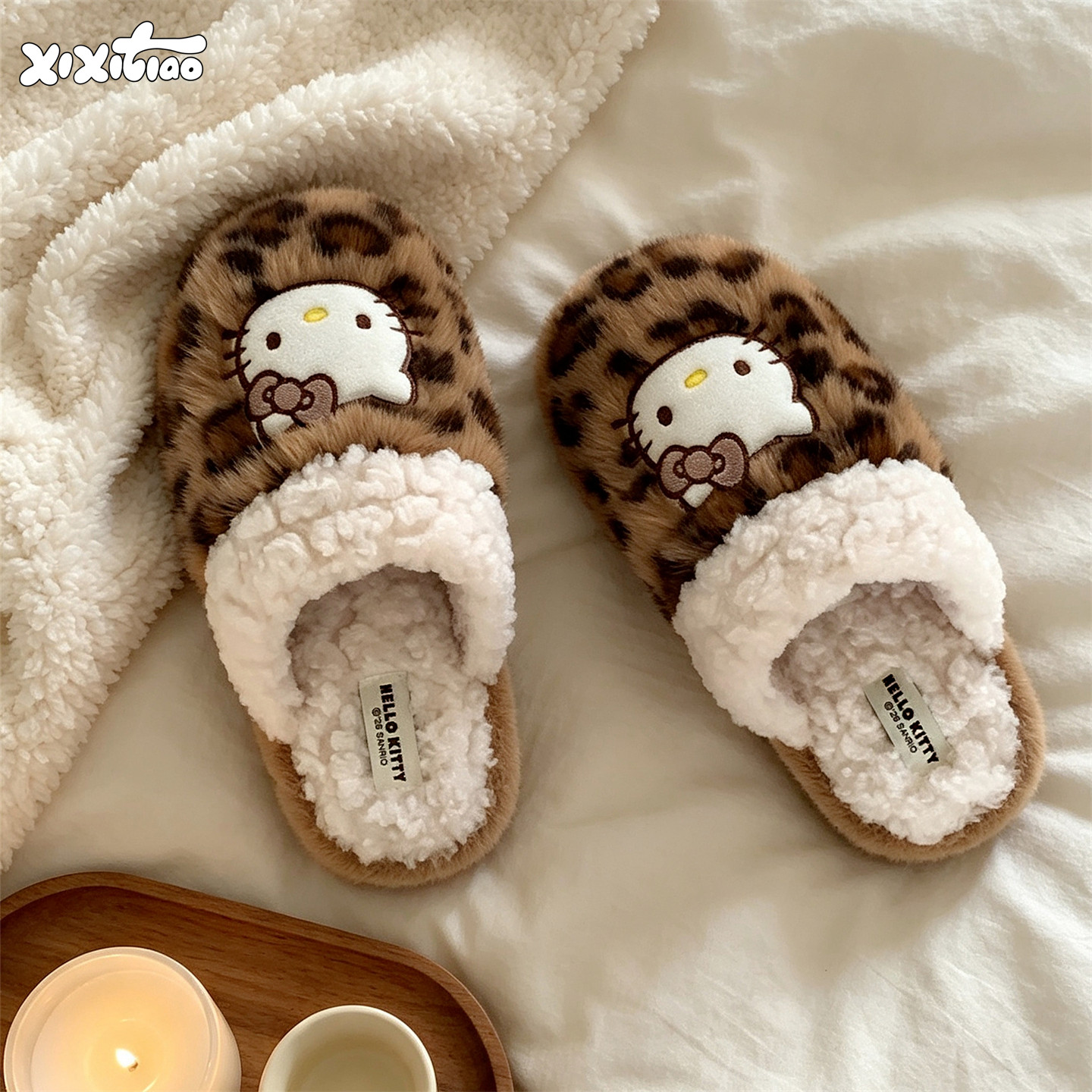 细细条豹纹HelloKitty棉拖鞋