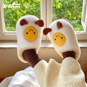 可爱煎蛋冬季 亲子保暖棉拖鞋 女生新款 细细条 室内防滑毛绒家居鞋