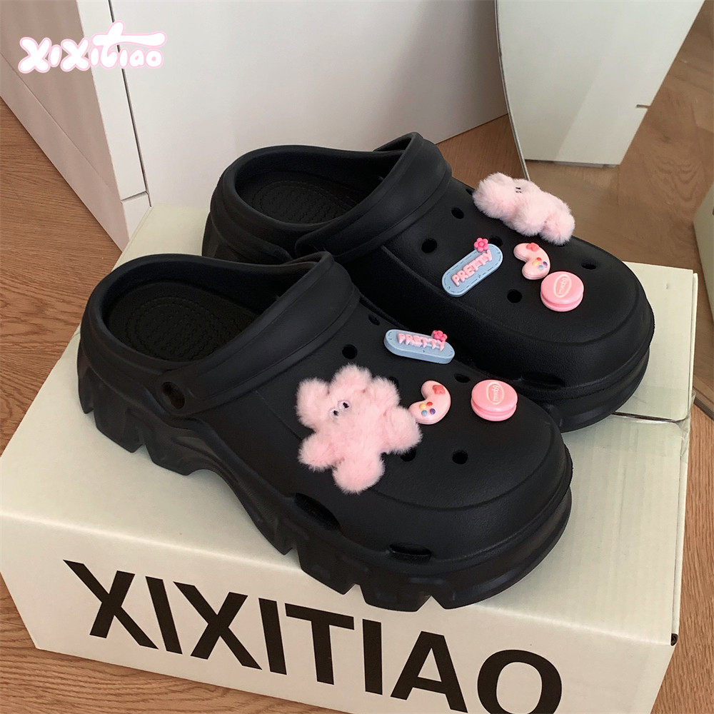 细细条 DIY少女心包头凉拖鞋夏可爱粉色小兔增高外穿厚底洞洞鞋女